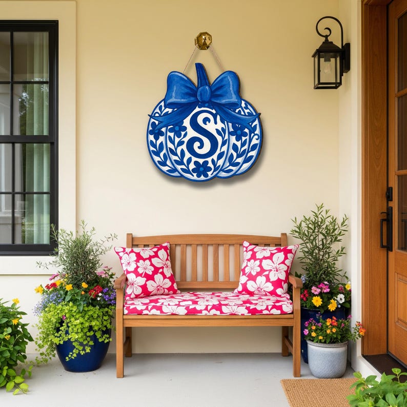 Chinoiserie Pumpkin Door Hanger Personalized Blue Fall Monogram Sign Elegant Front Porch Autumn Decor gift fall sign
