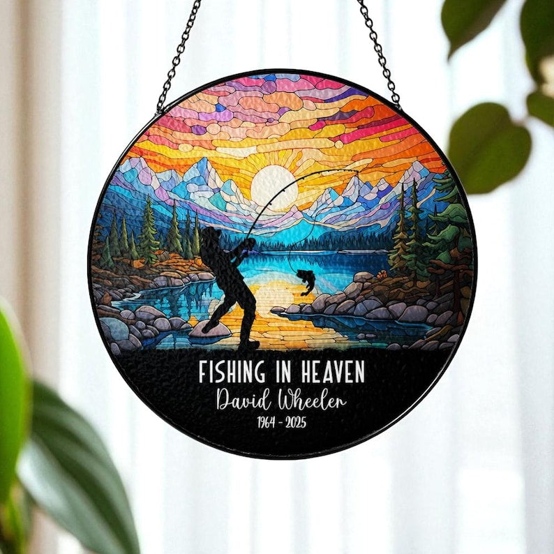 Personalized Fishing Memorial Suncatcher, Dad Fishing in Heaven Ornament, Loss Of Dad Grandpa, Loss Father Day, Remembrance Gift