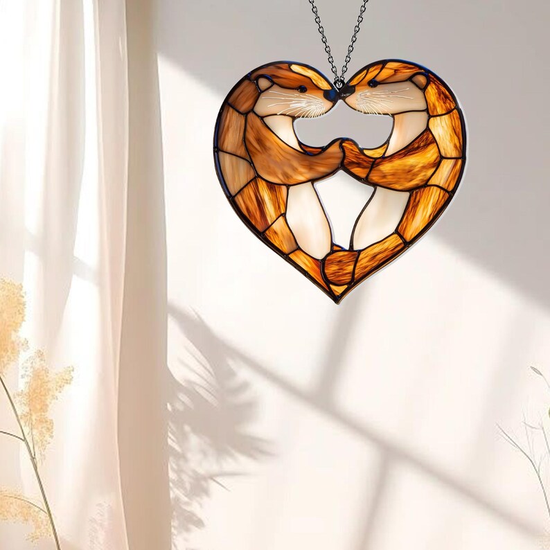 Personalized Otter Couple Acrylic Window Hanging, Faux Stained Glass Decor, Perfect Anniversary or Wedding Gift for Wife or Couple