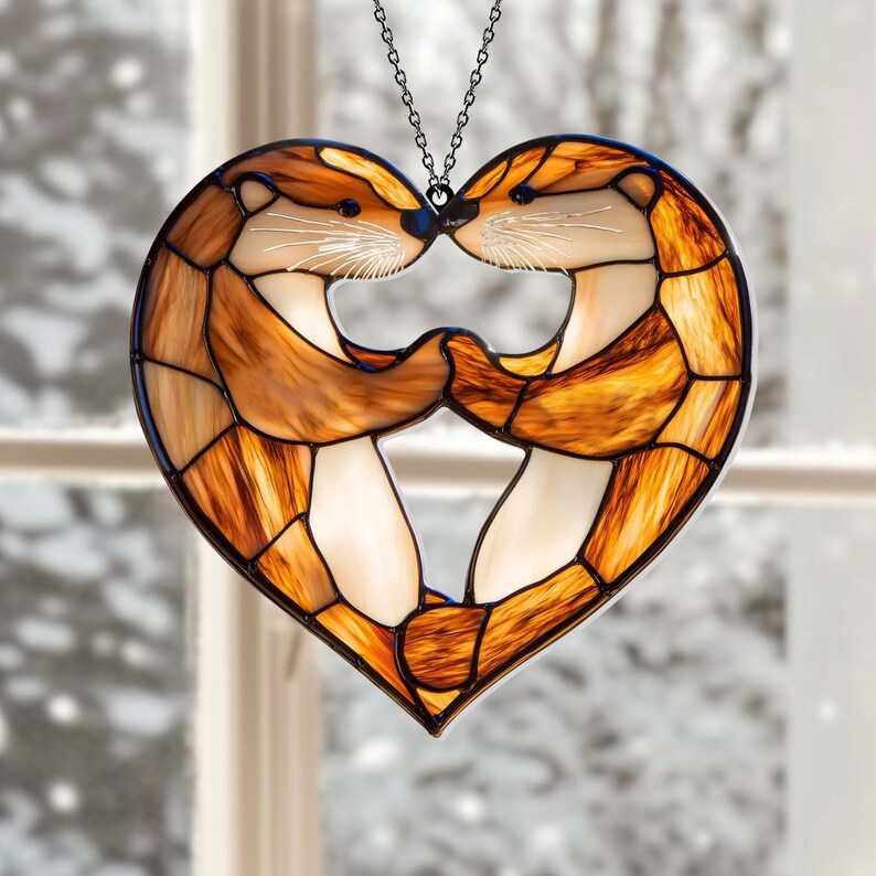 Personalized Otter Couple Acrylic Window Hanging, Faux Stained Glass Decor, Perfect Anniversary or Wedding Gift for Wife or Couple