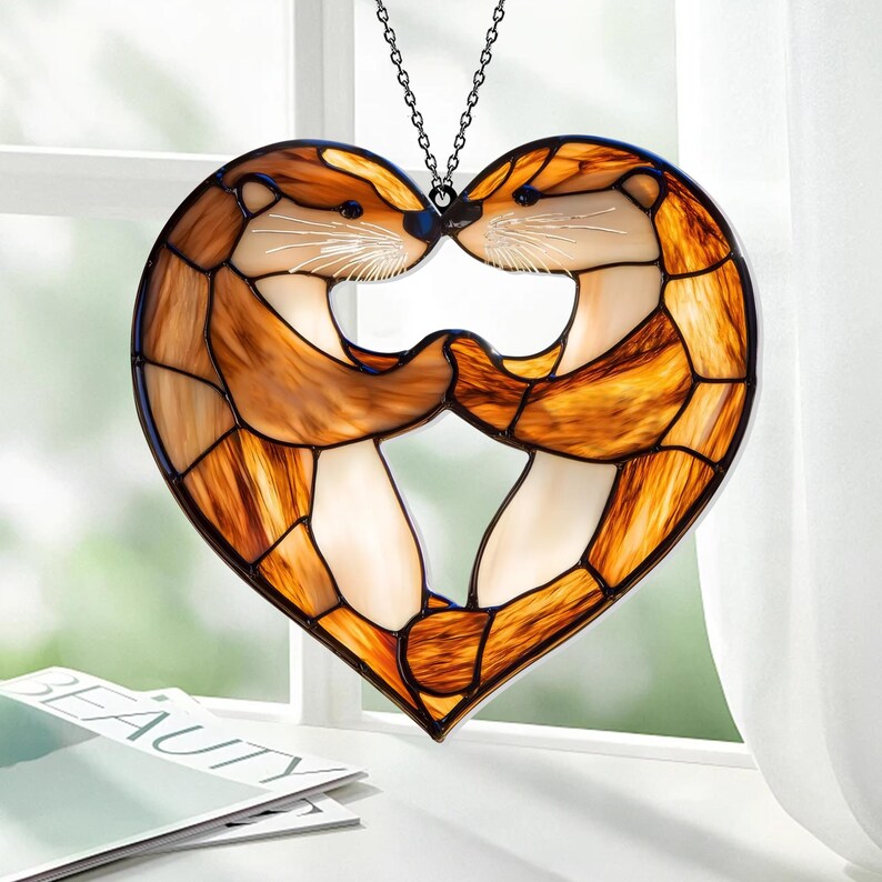 Personalized Otter Couple Acrylic Window Hanging, Faux Stained Glass Decor, Perfect Anniversary or Wedding Gift for Wife or Couple