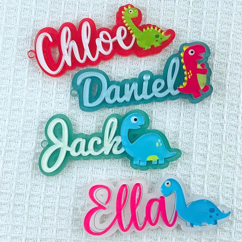 Back to School Name Tag Personalized Acrylic Bag Tag for Kids, Custom Backpack Keychain with Vehicle or Dinosaur Icon,Gift for Boys Girls