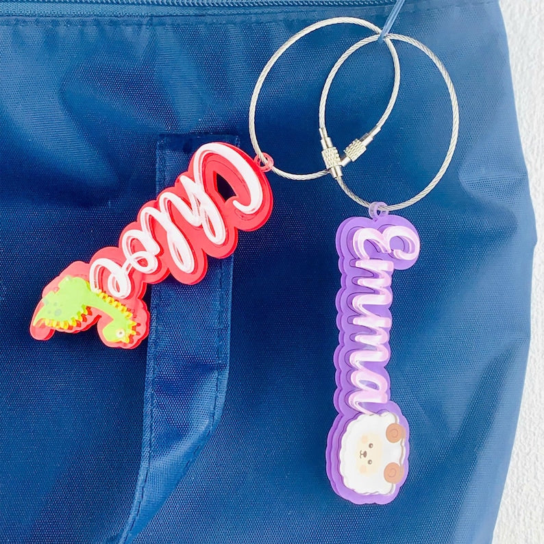 Back to School Name Tag Personalized Acrylic Bag Tag for Kids, Custom Backpack Keychain with Vehicle or Dinosaur Icon,Gift for Boys Girls