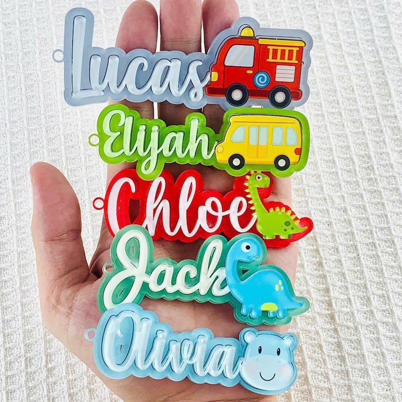 Back to School Name Tag Personalized Acrylic Bag Tag for Kids, Custom Backpack Keychain with Vehicle or Dinosaur Icon,Gift for Boys Girls