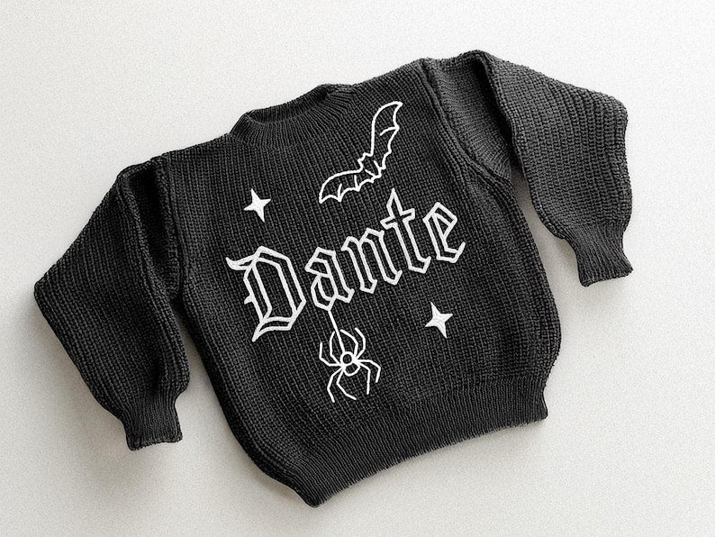 Personalized Baby Goth Sweater: Hand-Embroidered Gothic Jumper Custom Halloween Keepsake | Baby Toddler Sweater | Halloween Gift For Baby