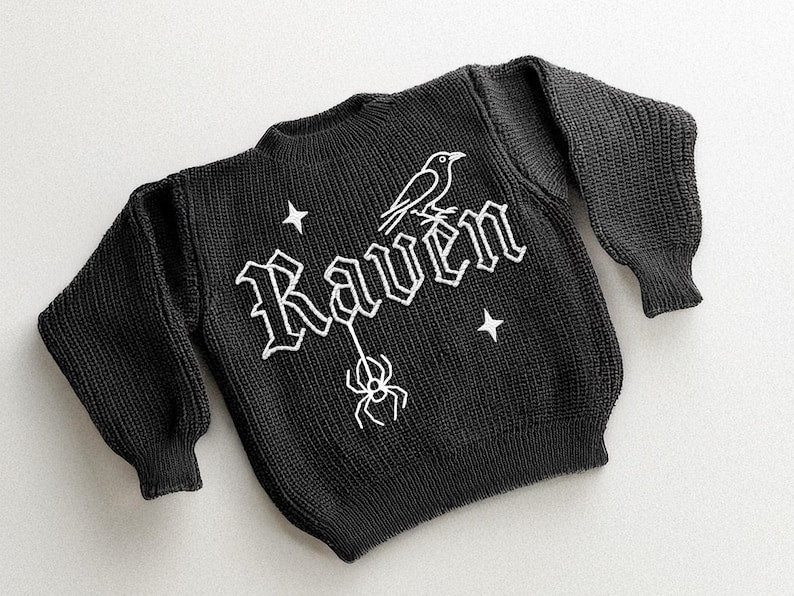 Personalized Baby Goth Sweater: Hand-Embroidered Gothic Jumper Custom Halloween Keepsake | Baby Toddler Sweater | Halloween Gift For Baby