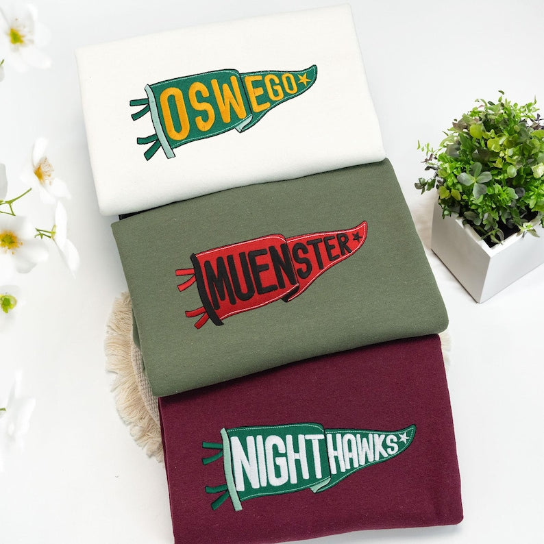 Custom Embroidered College Pennant Sweatshirt with Team Name - Embroidered Pennant Sweater - College Patchwork Crewneck - Senior Class Gift il_794xN.7073472466_lv6q.jpg