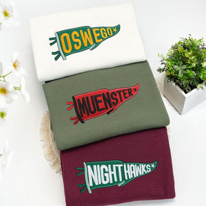 Custom Embroidered College Pennant Sweatshirt with Team Name - Embroidered Pennant Sweater - College Patchwork Crewneck - Senior Class Gift il_794xN.7073472466_lv6q.jpg