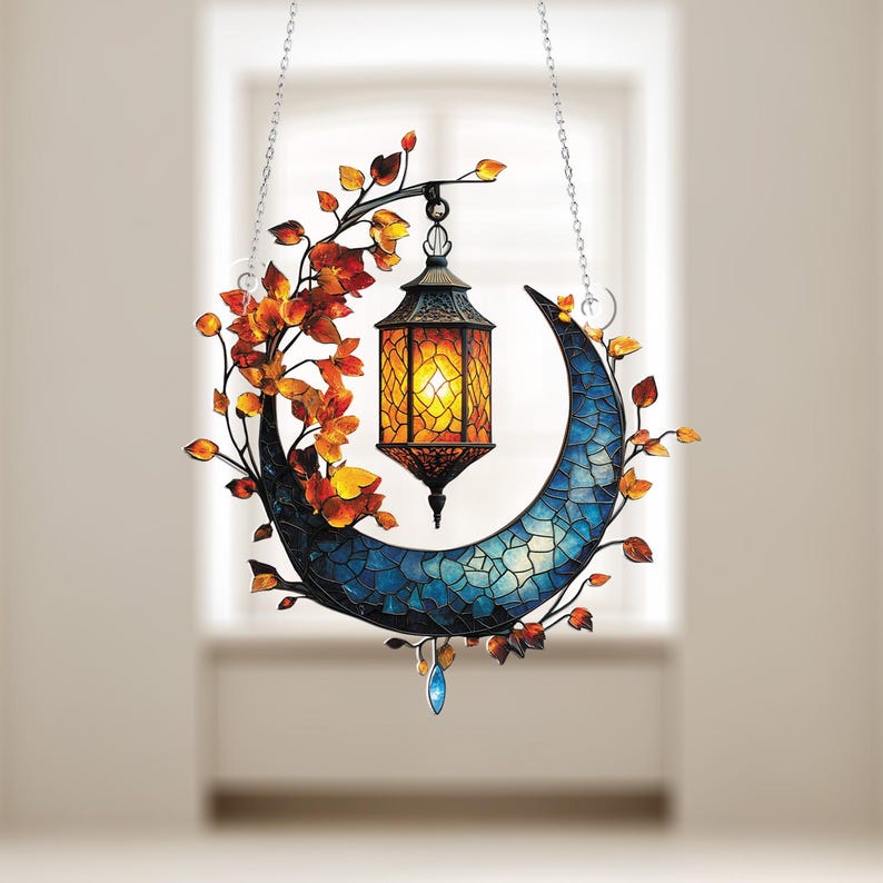 Autumn Moon Lantern Window Hanging, Elegant Crescent Moon Decor, Warm Lantern Ornament, Fall Home Decoration, Unique Gift for Autumn Lovers