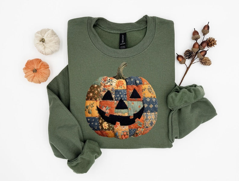Retro Patchwork Halloween Pumpkin Sweatshirt, Halloween Pumpkin Shirt, Spooky Season Sweater, Halloween Cute Women Outfit, Halloween Gift