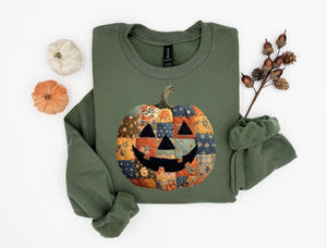 Retro Patchwork Halloween Pumpkin Sweatshirt, Halloween Pumpkin Shirt, Spooky Season Sweater, Halloween Cute Women Outfit, Halloween Gift