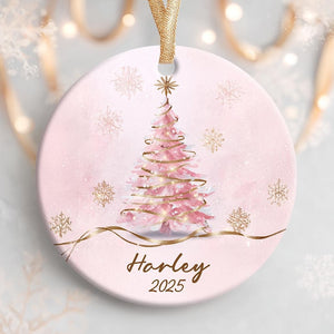 Personalized Pink Christmas Tree Ceramic Ornament Custom 2025 Holiday Keepsake with Name, Elegant Winter Decor for Girls & Families