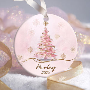 Personalized Pink Christmas Tree Ceramic Ornament Custom 2025 Holiday Keepsake with Name, Elegant Winter Decor for Girls & Families