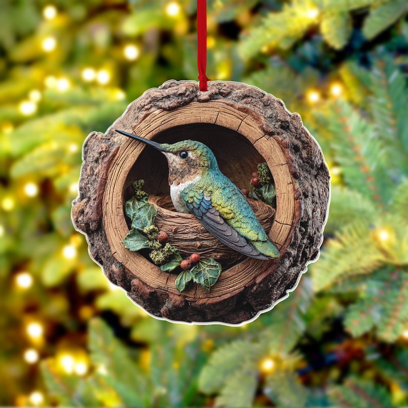 Hummingbird Christmas 2D Flat Ornament, Hummingbird Rearview Mirror Car Accessories, Hummingbird Christmas Ornament, Hummingbird Lover Gift