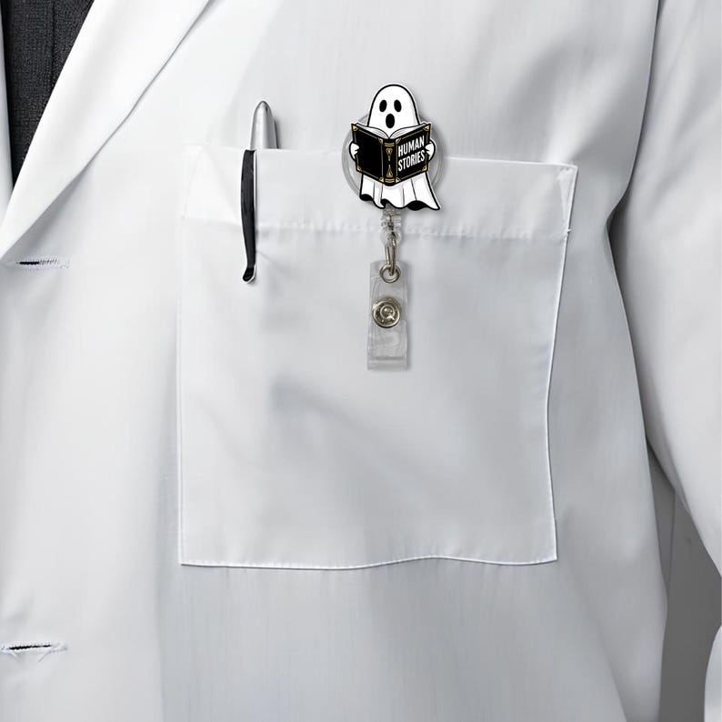 Ghost Reading Badge Reel Human Stories Book Clip Funny Halloween ID Holder Spooky Cute Nurse Gift Librarian Badge Accessory