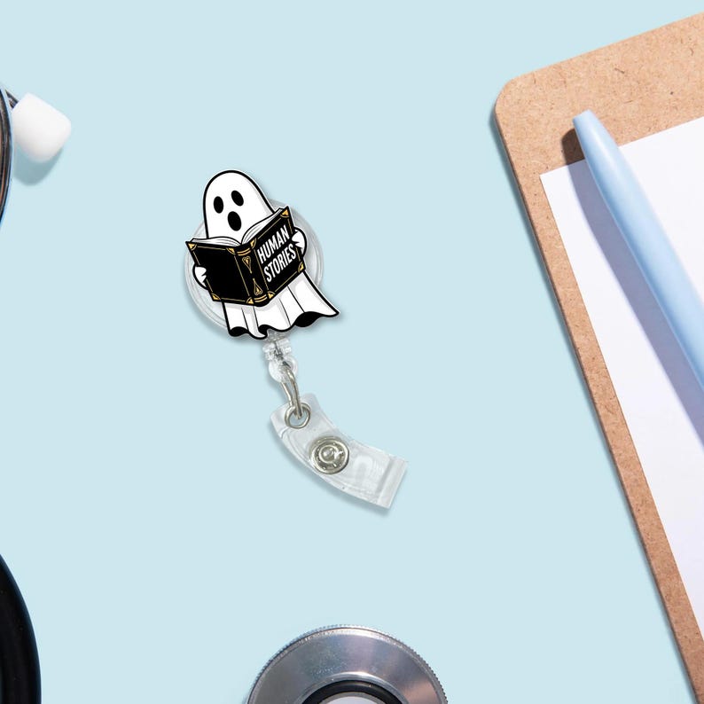 Ghost Reading Badge Reel Human Stories Book Clip Funny Halloween ID Holder Spooky Cute Nurse Gift Librarian Badge Accessory