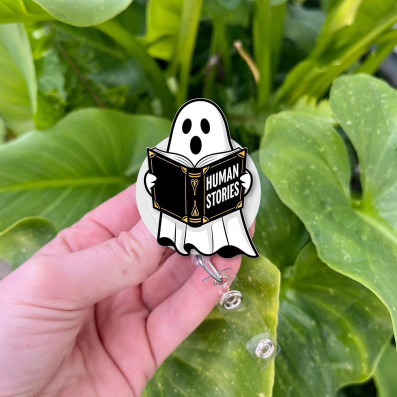 Ghost Reading Badge Reel Human Stories Book Clip Funny Halloween ID Holder Spooky Cute Nurse Gift Librarian Badge Accessory