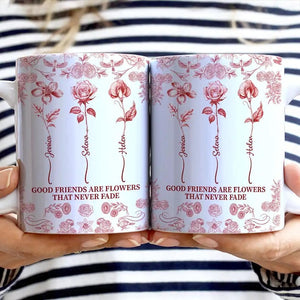 Toile De Jouy Birth Flower Grow An Old Friend - Personalized White Edge-to-Edge Mug, Gift For Best Friends, Besties, Friend Mug