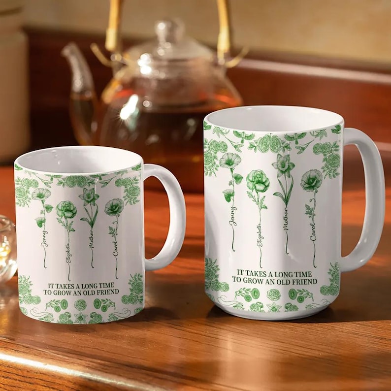 Toile De Jouy Birth Flower Grow An Old Friend - Personalized White Edge-to-Edge Mug, Gift For Best Friends, Besties, Friend Mug