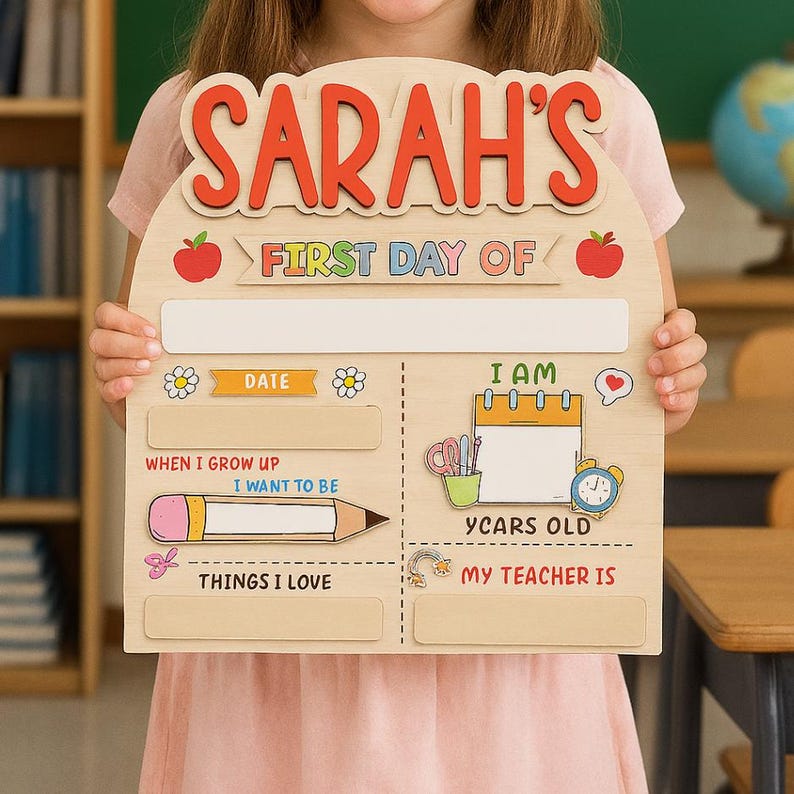 Personalized Wooden First Day of School Sign Custom Reusable Photo Prop with Name, Age,Teacher, Date & More Back to School Board for Kid