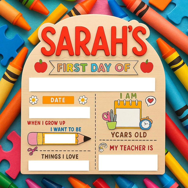 Personalized Wooden First Day of School Sign Custom Reusable Photo Prop with Name, Age,Teacher, Date & More Back to School Board for Kid