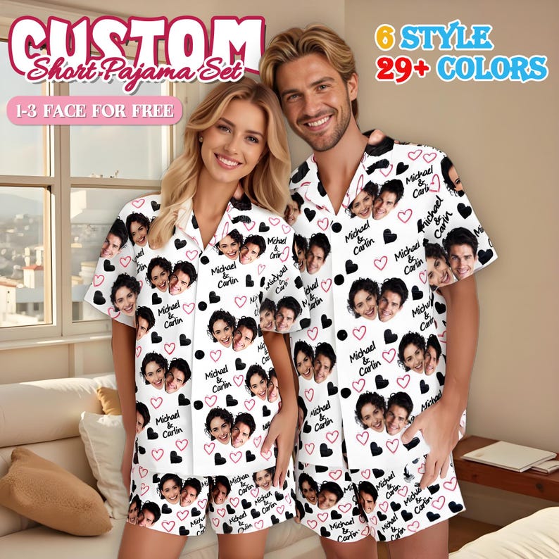 Custom Short Pajamas with Face and Name,Customized Pajama Set For Men/Women,Personalized Short Sleeve Family Pajama Set,Birthday/Party Gifts