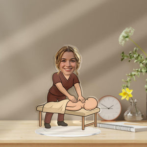Custom Massage Therapist Figurine Trinket Caricature Portrait Desk Name Plate Personalized Physical Therapy Spa Gift Acrylic Plaque Decor