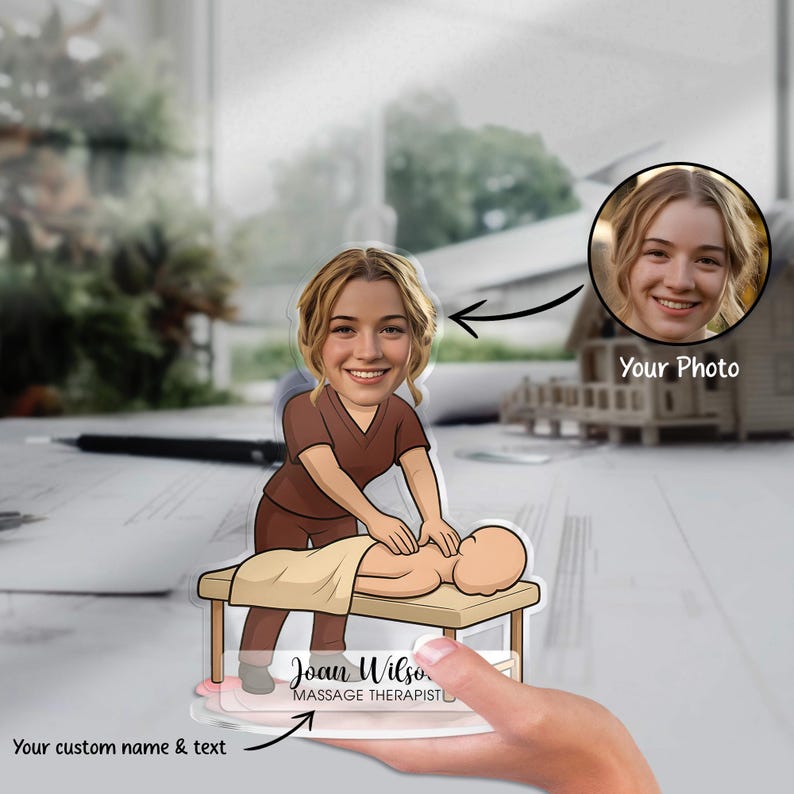 Custom Massage Therapist Figurine Trinket Caricature Portrait Desk Name Plate Personalized Physical Therapy Spa Gift Acrylic Plaque Decor