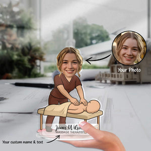 Custom Massage Therapist Figurine Trinket Caricature Portrait Desk Name Plate Personalized Physical Therapy Spa Gift Acrylic Plaque Decor