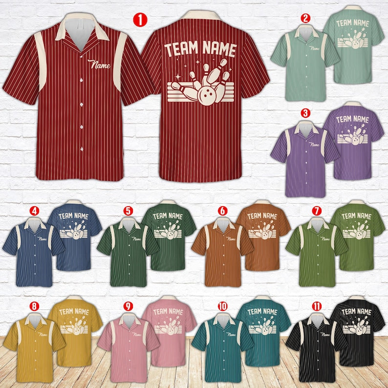 Retro Stripe Bowling Hawaiian Shirt, Custom Name Bowler Button Shirt, Matching Bowling Squad Shirt, Personalized Bowling Team Gift