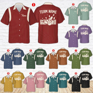 Retro Stripe Bowling Hawaiian Shirt, Custom Name Bowler Button Shirt, Matching Bowling Squad Shirt, Personalized Bowling Team Gift