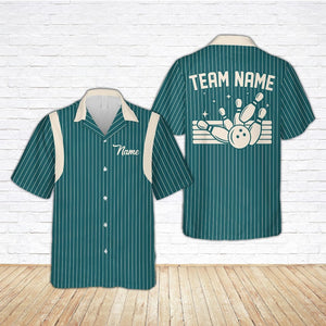 Retro Stripe Bowling Hawaiian Shirt, Custom Name Bowler Button Shirt, Matching Bowling Squad Shirt, Personalized Bowling Team Gift