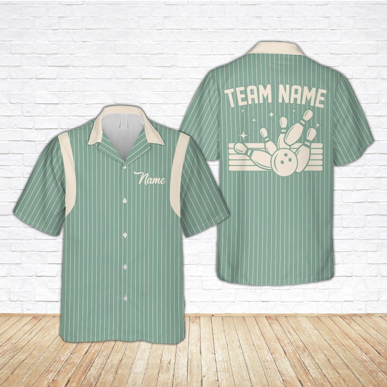 Retro Stripe Bowling Hawaiian Shirt, Custom Name Bowler Button Shirt, Matching Bowling Squad Shirt, Personalized Bowling Team Gift