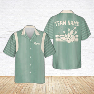 Retro Stripe Bowling Hawaiian Shirt, Custom Name Bowler Button Shirt, Matching Bowling Squad Shirt, Personalized Bowling Team Gift
