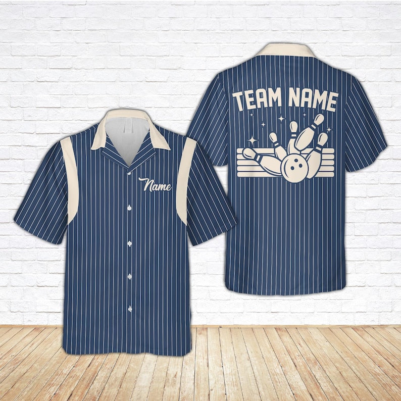 Retro Stripe Bowling Hawaiian Shirt, Custom Name Bowler Button Shirt, Matching Bowling Squad Shirt, Personalized Bowling Team Gift
