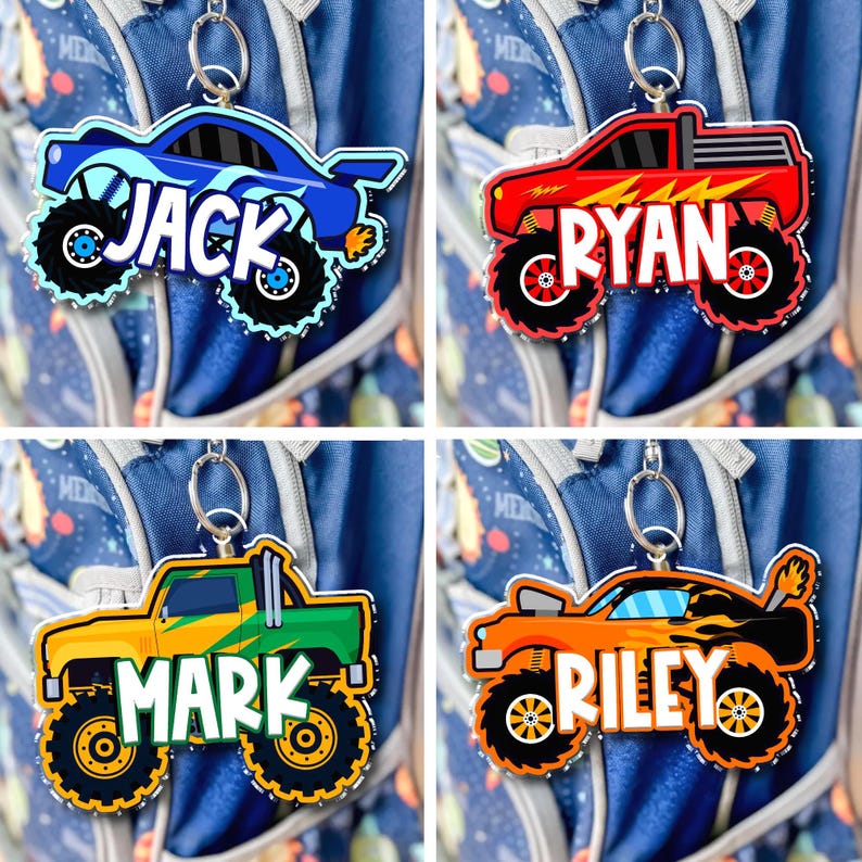 Monster Truck Backpack Name Tag, Custom Backpack Tag for Boys, Monster Truck Name Keychain, Boy Bag Tag, Kids Backpack Tag, Back To School