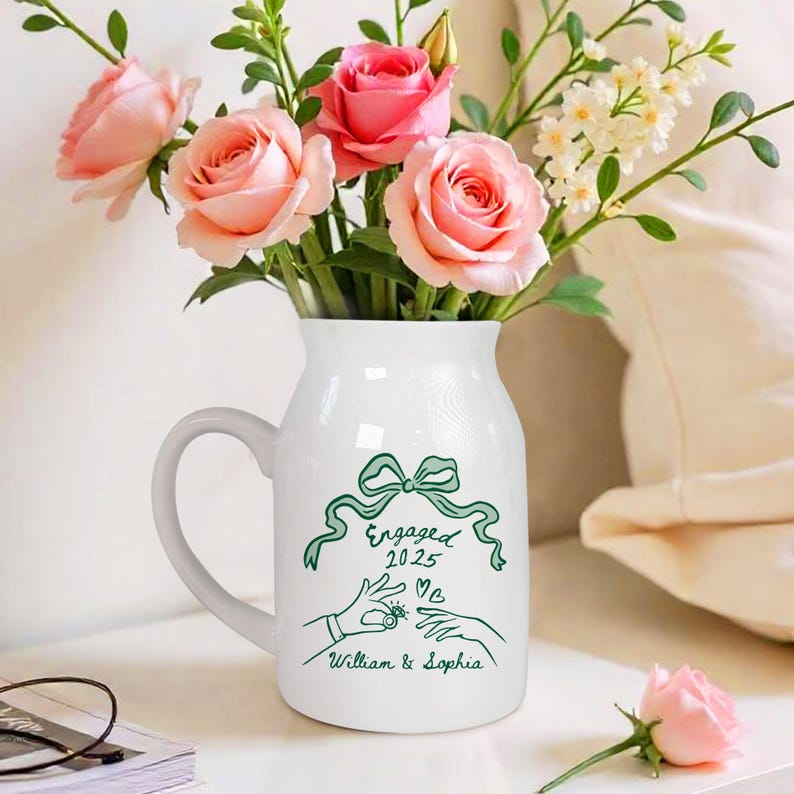 Personalized Engaged Ceramic Flower Vase, Engagement Gift For Engaged Couple, Anniversary Gift for Wife, Couples Gift,Wedding Gift for Bride