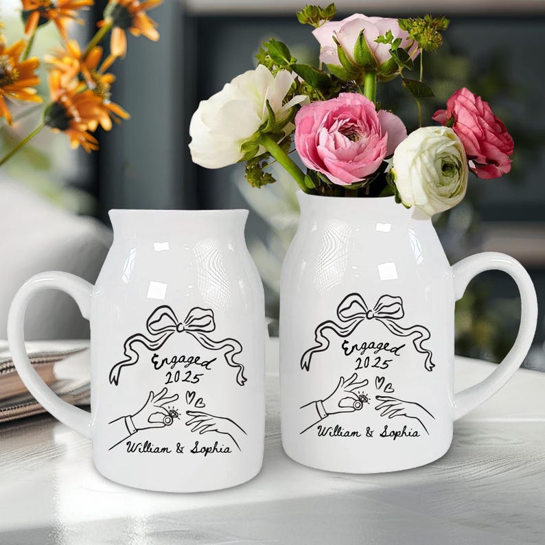 Personalized Engaged Ceramic Flower Vase, Engagement Gift For Engaged Couple, Anniversary Gift for Wife, Couples Gift,Wedding Gift for Bride
