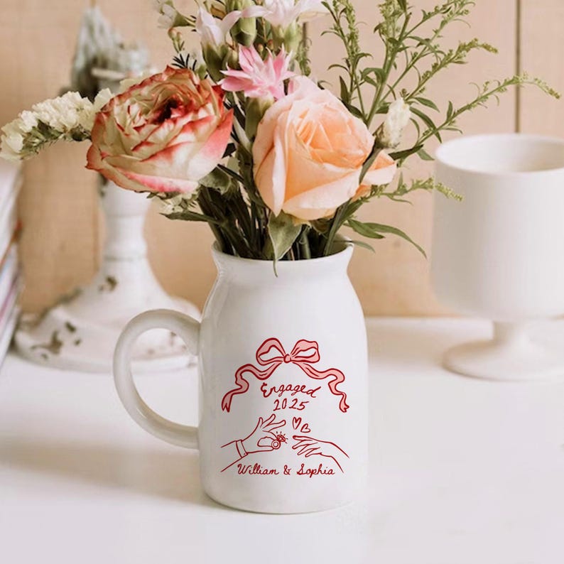 Personalized Engaged Ceramic Flower Vase, Engagement Gift For Engaged Couple, Anniversary Gift for Wife, Couples Gift,Wedding Gift for Bride
