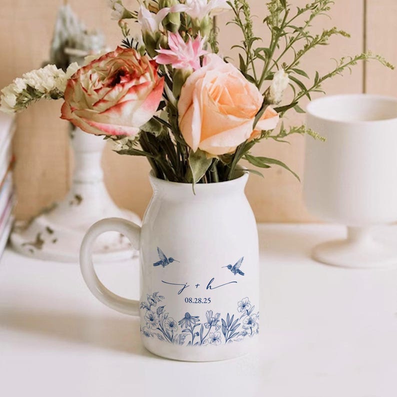 Custom Engaged Ceramic Flower Vase, Toile De Jouy Engagement Keepsake, Engagement Gift, Anniversary Wedding Gift Couple, Bridal Shower Gift