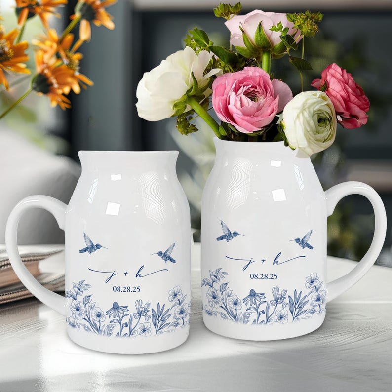 Custom Engaged Ceramic Flower Vase, Toile De Jouy Engagement Keepsake, Engagement Gift, Anniversary Wedding Gift Couple, Bridal Shower Gift