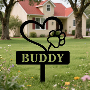 Personalized Metal Dog Memorial Stake: Garden Grave Marker, Heart With Tiny Paw, Pet Marker