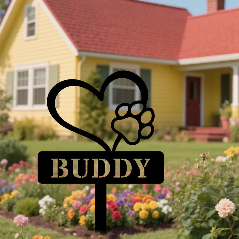 Personalized Metal Dog Memorial Stake: Garden Grave Marker, Heart With Tiny Paw, Pet Marker