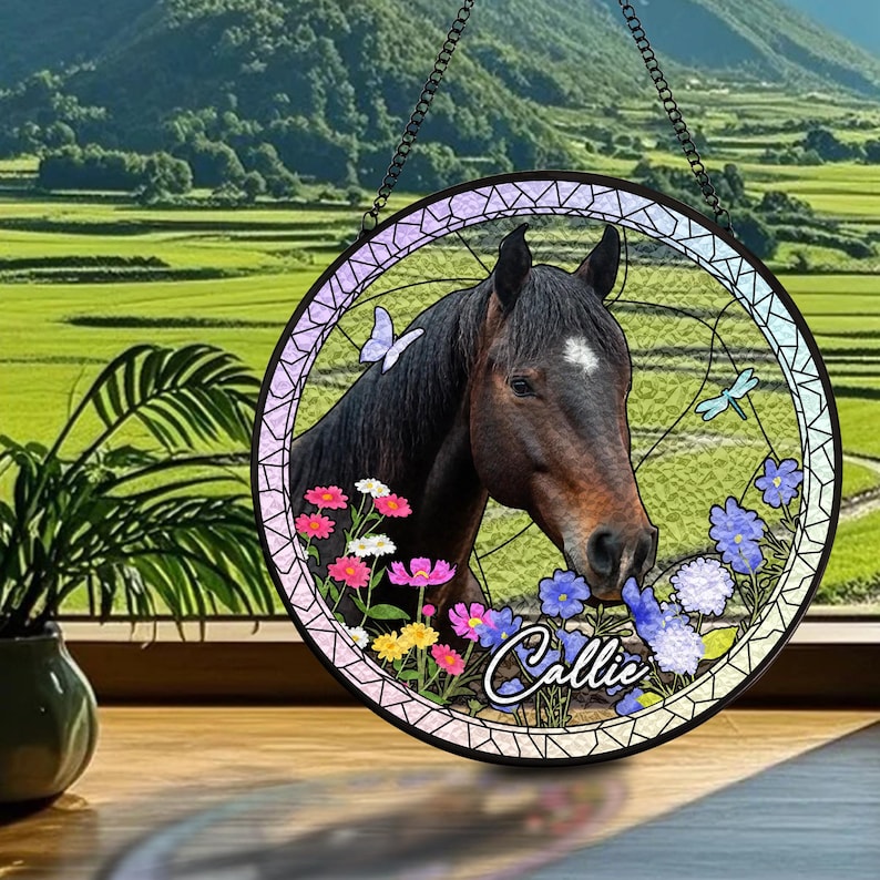 Custom Horse Stained Glass Suncatcher, Personalized Horse Loss Memorial Gifts, Horse Lover Gift, Horse Portrait From Photo, Window Hangings