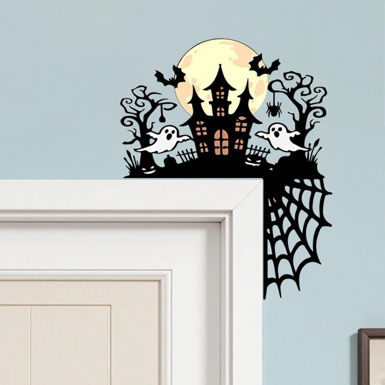Halloween Metal Corner Sign, Halloween Silhouette, Haunted Mansion with Ghost Door Topper, Halloween Gift, Halloween Decor