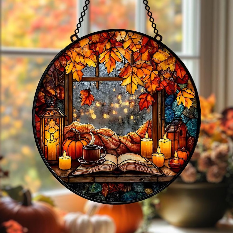 Cozy Autumn Window Acrylic Suncatcher, Pumpkin Candle Faux Stained Glass Hanging, Book Lover Fall Decor Gift, Autumn Window Decor