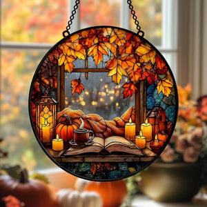 Cozy Autumn Window Acrylic Suncatcher, Pumpkin Candle Faux Stained Glass Hanging, Book Lover Fall Decor Gift, Autumn Window Decor