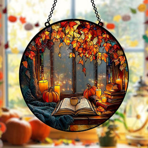 Cozy Autumn Window Acrylic Suncatcher, Pumpkin Candle Faux Stained Glass Hanging, Book Lover Fall Decor Gift, Autumn Window Decor