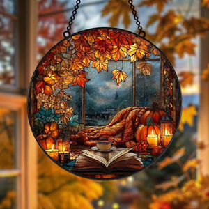 Cozy Autumn Window Acrylic Suncatcher, Pumpkin Candle Faux Stained Glass Hanging, Book Lover Fall Decor Gift, Autumn Window Decor