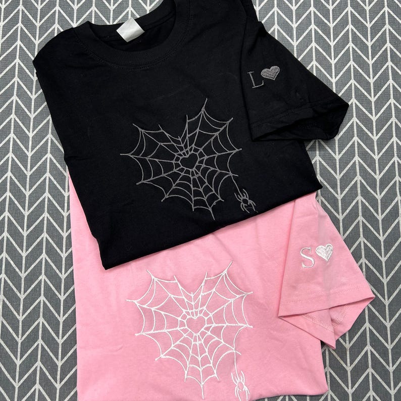Spider Web Couples Matching Valentine's Embroidered Hoodie, Custom Initial Heart Crewneck, Anniversary Gift, Personalized Heart Name Sleeve il_794xN.7078565672_r8mh.jpg